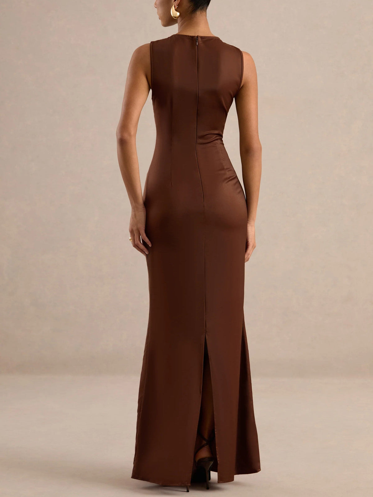 Brown Off-Shoulder Feather Trim Maxi Dress with Shawl