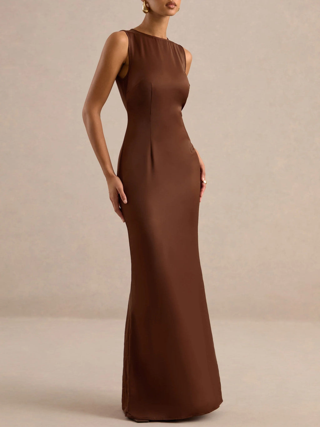 Brown Off-Shoulder Feather Trim Maxi Dress with Shawl