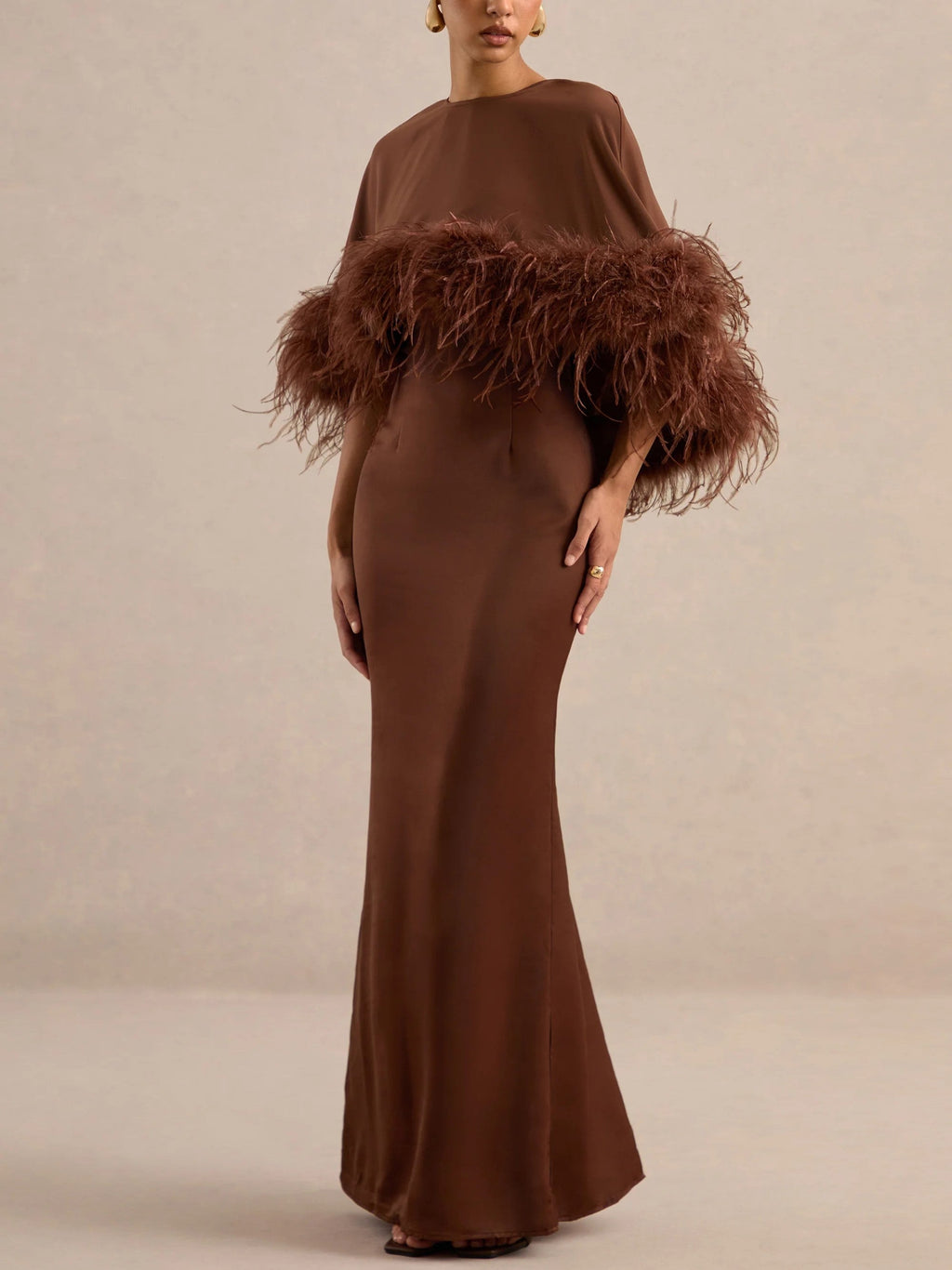 Brown Off-Shoulder Feather Trim Maxi Dress with Shawl