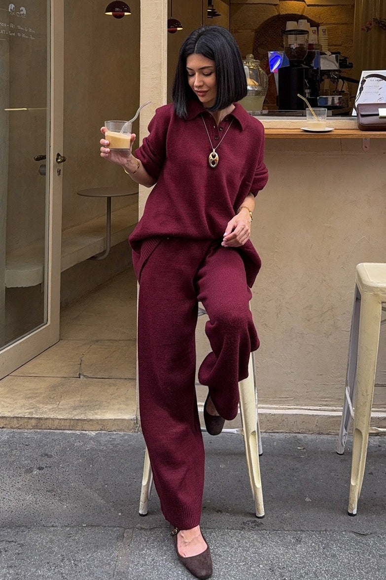 Relaxed Polo Knit Top Wide Leg Pants Set
