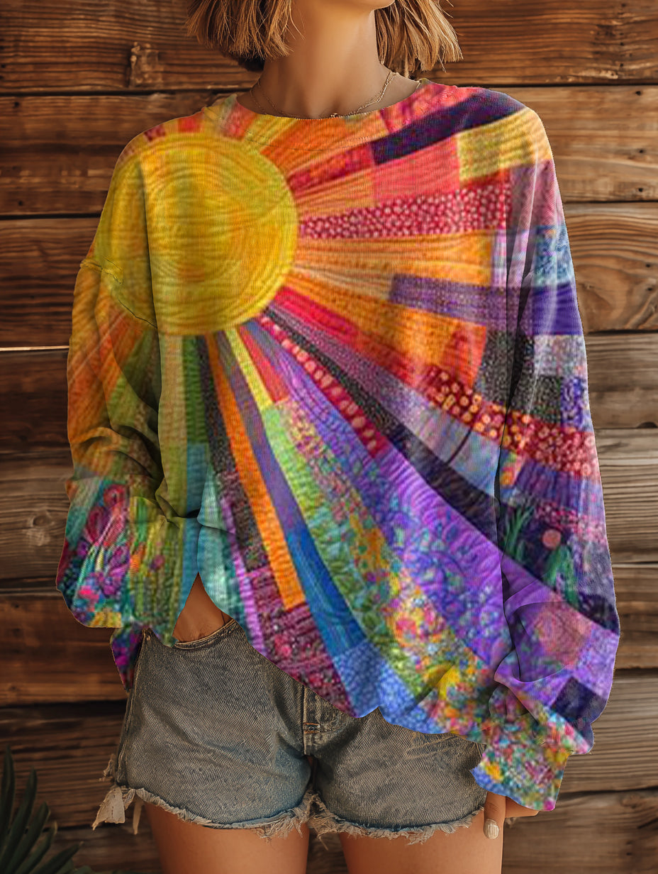 Women's Colorful Sun Collage Art Pattern Print Casual Crew Neck Sweatshirt