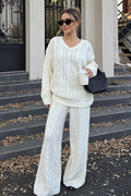 Solid Cable Knit V Neck Sweater Pants Set