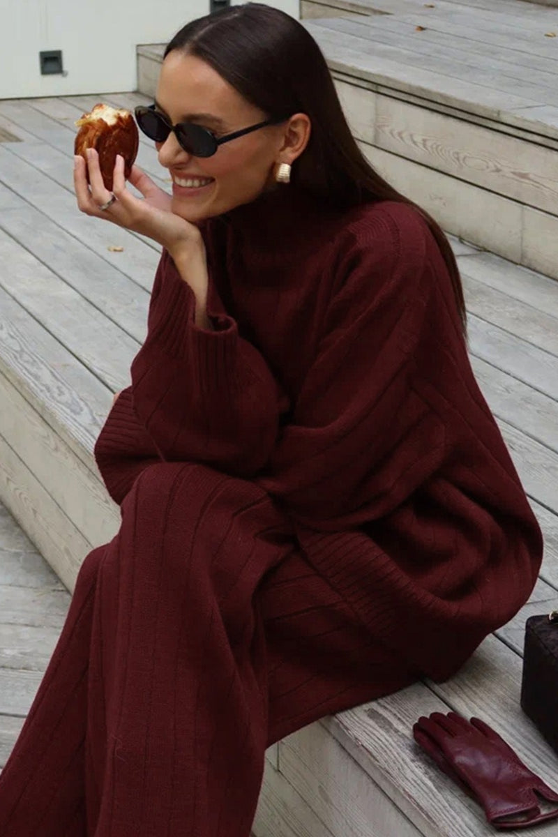 Ribbed Turtleneck Sweater Wide Leg Pants Set