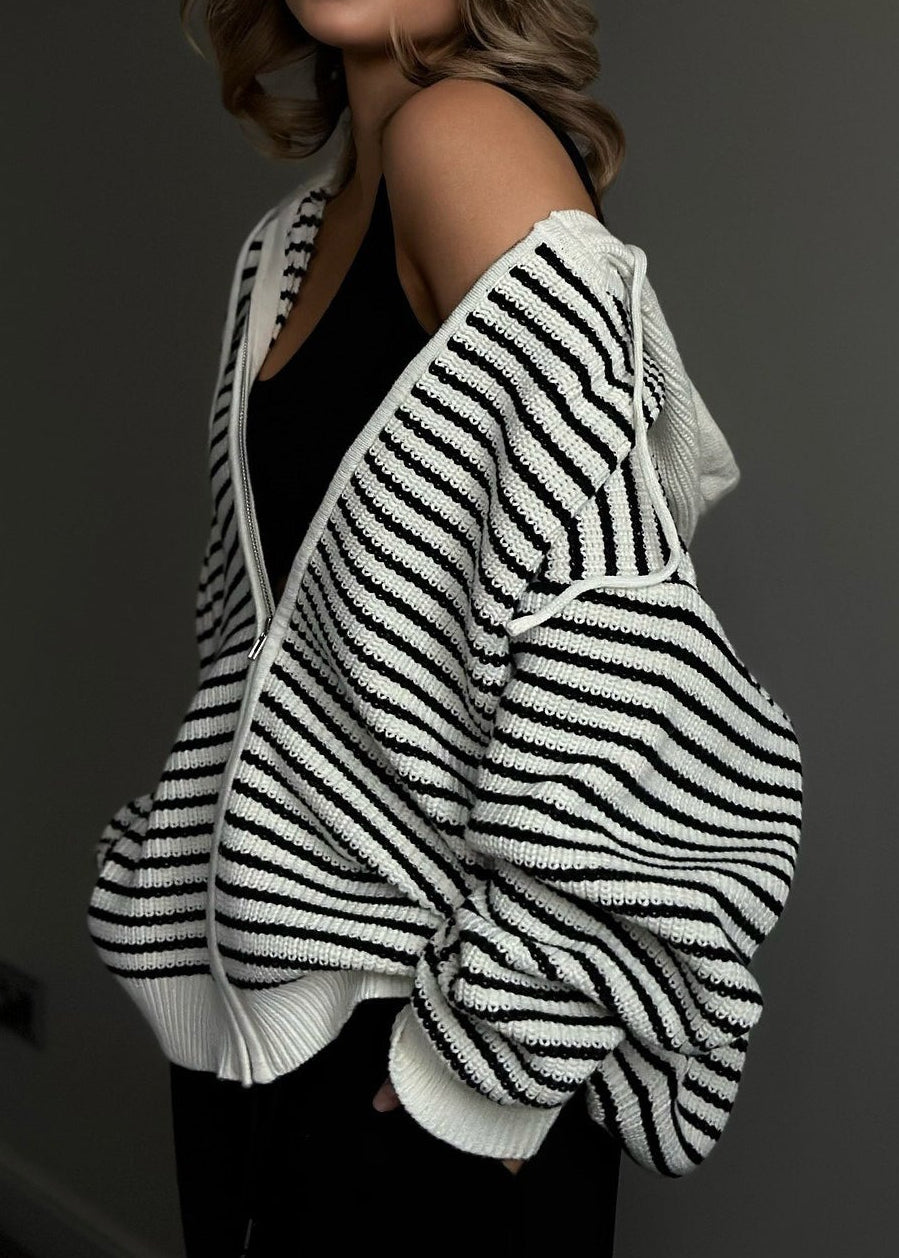 Retro Color Block Loose Zip Knit Cardigan