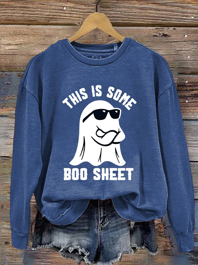 Women's Halloween This Is Some Boo Sheet Printed Crew Neck Long Sleeve Sweatshirt