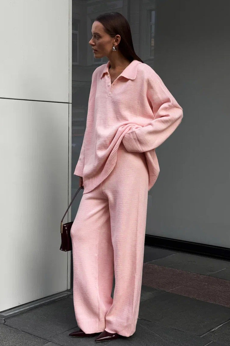 Relaxed Polo Knit Top Wide Leg Pants Set