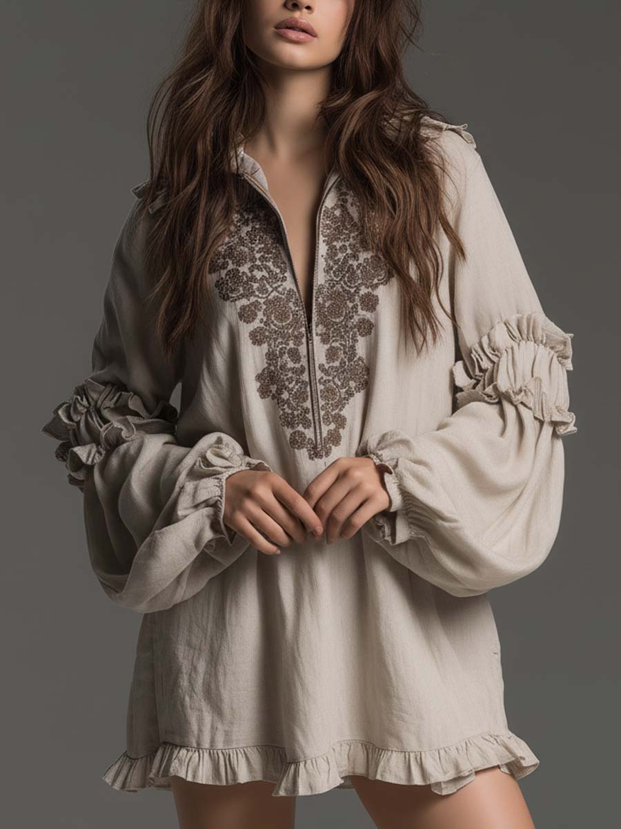 Ruffled Embroidered Boho Mini Dress