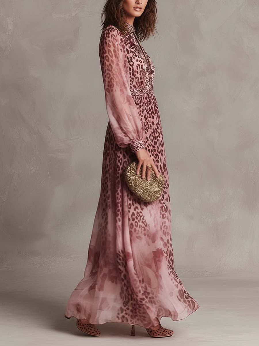 Pink Floral Leopard Chiffon Maxi Dress
