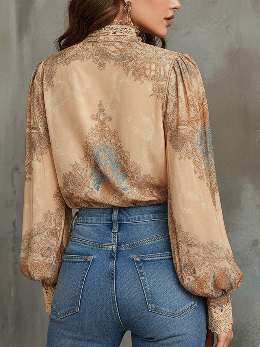 Vintage Baroque High-Neck Printed Chiffon Blouse