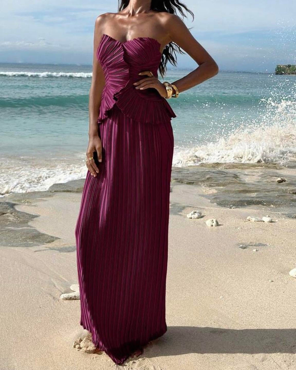 Strapless Sculptural Pleated Peplum Maxi Dress
