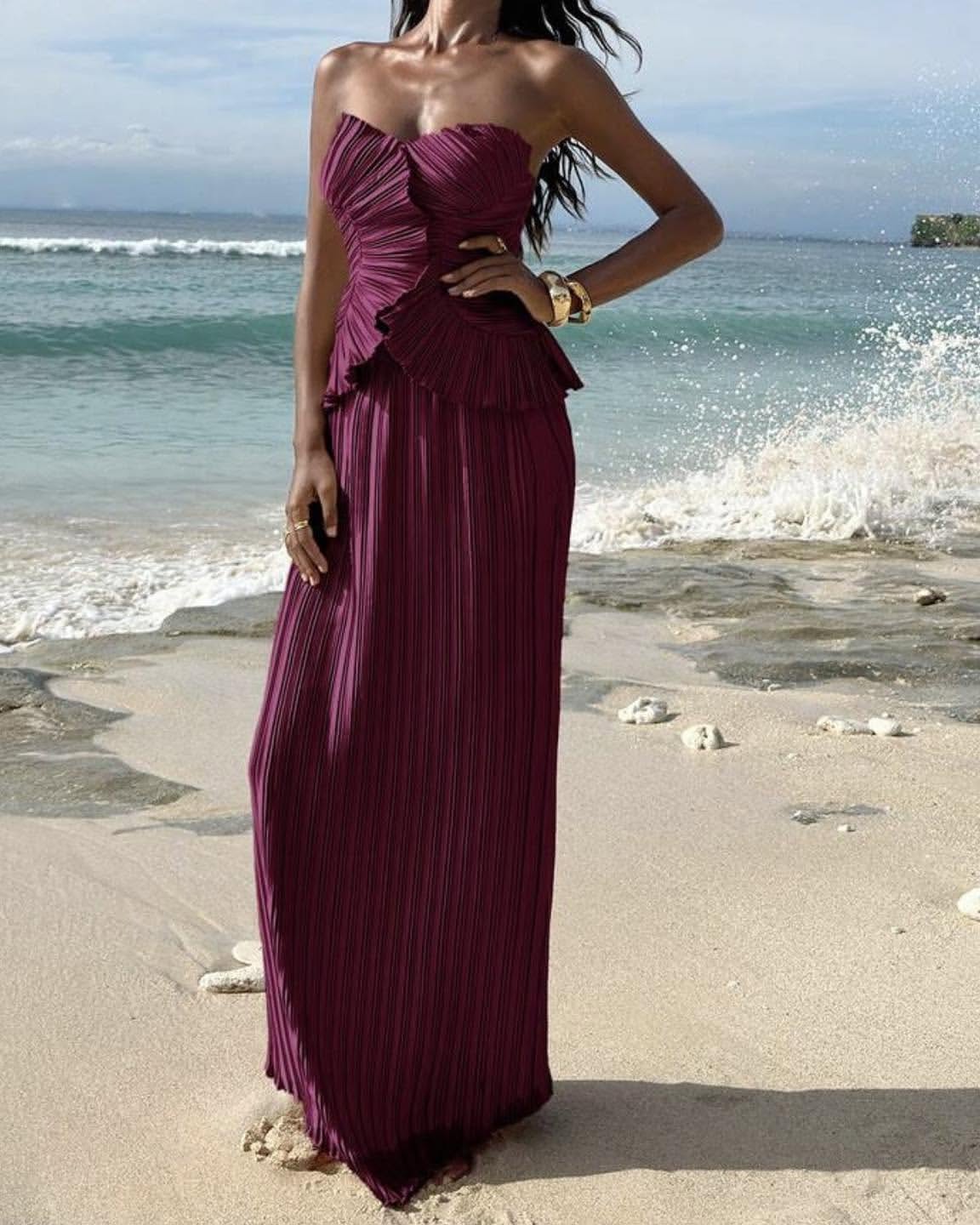 Strapless Sculptural Pleated Peplum Maxi Dress