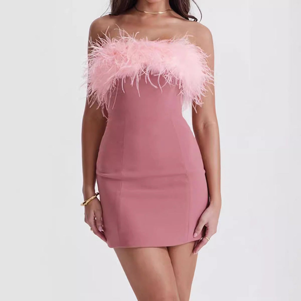 Pink Feather-Trim Strapless Mini Dress