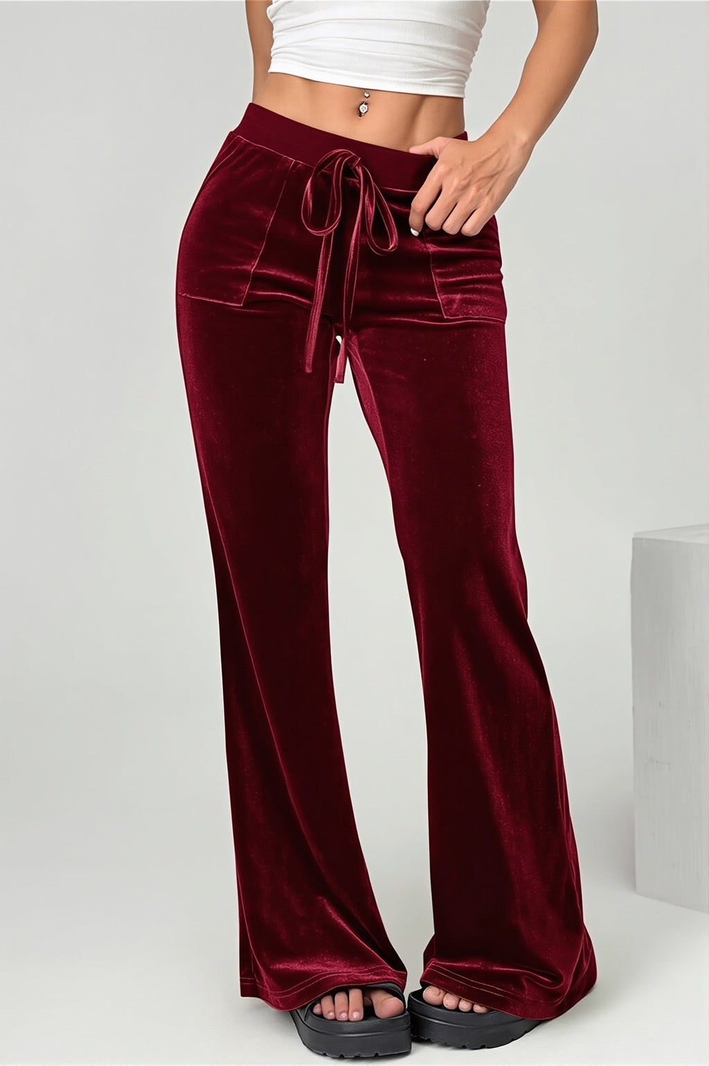 Velvet Look Drawstring Flared Pants