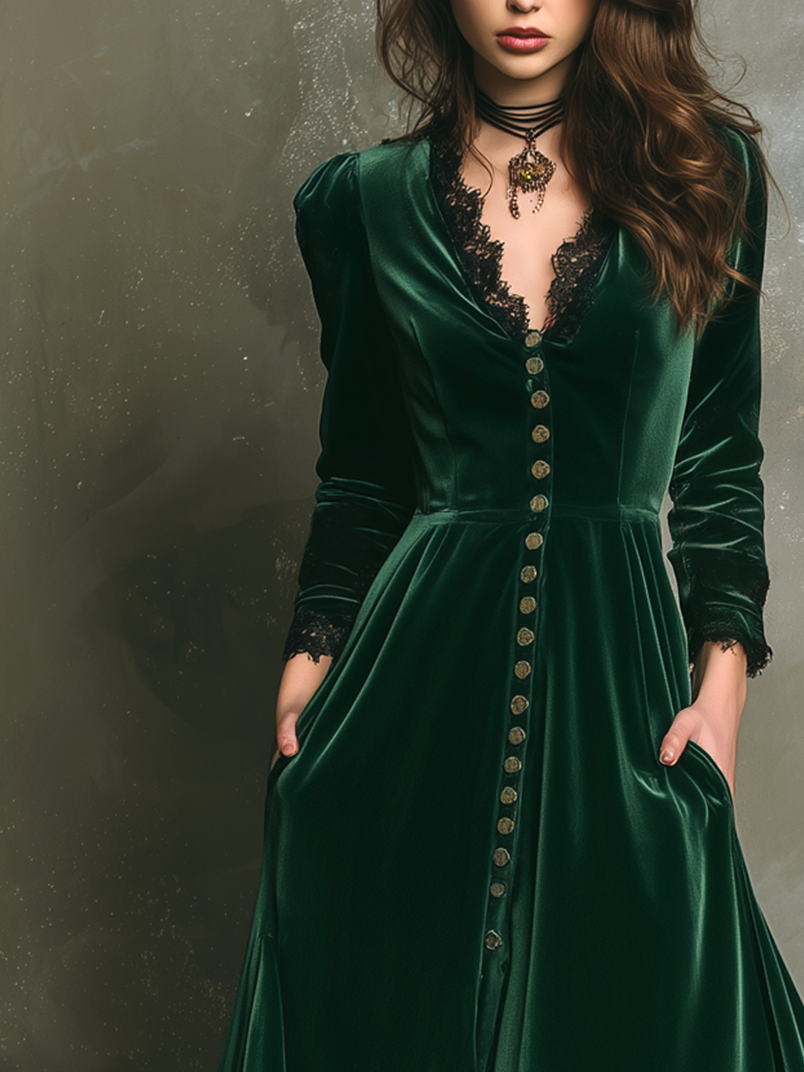 Vintage Lace Trim Long Sleeve Velvet Midi Dress