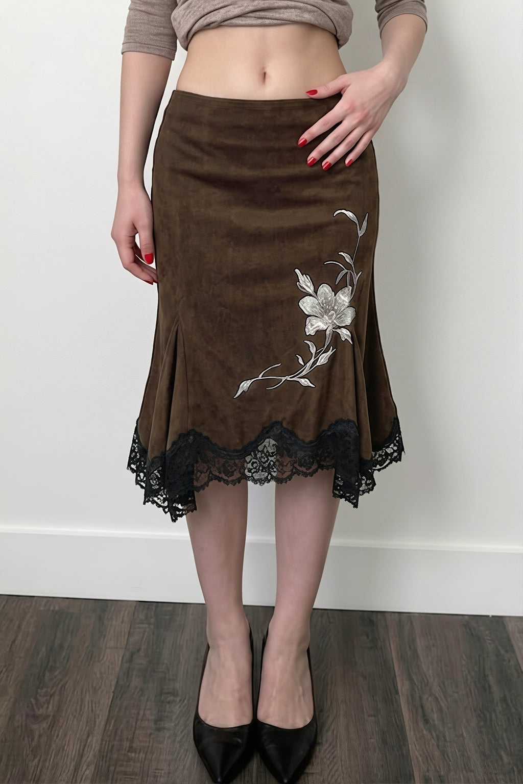 Floral Embroidered Lace Hem Midi Skirt
