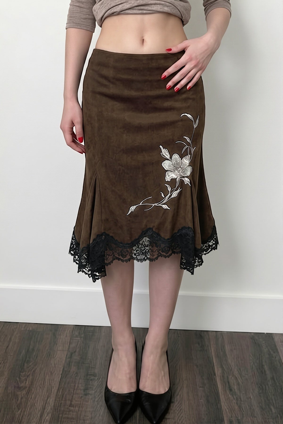 Floral Embroidered Lace Hem Midi Skirt
