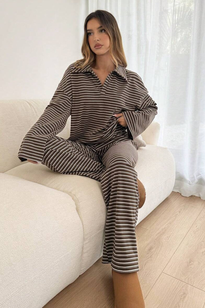 Contrast Stripe Collared Lounge Pants Set