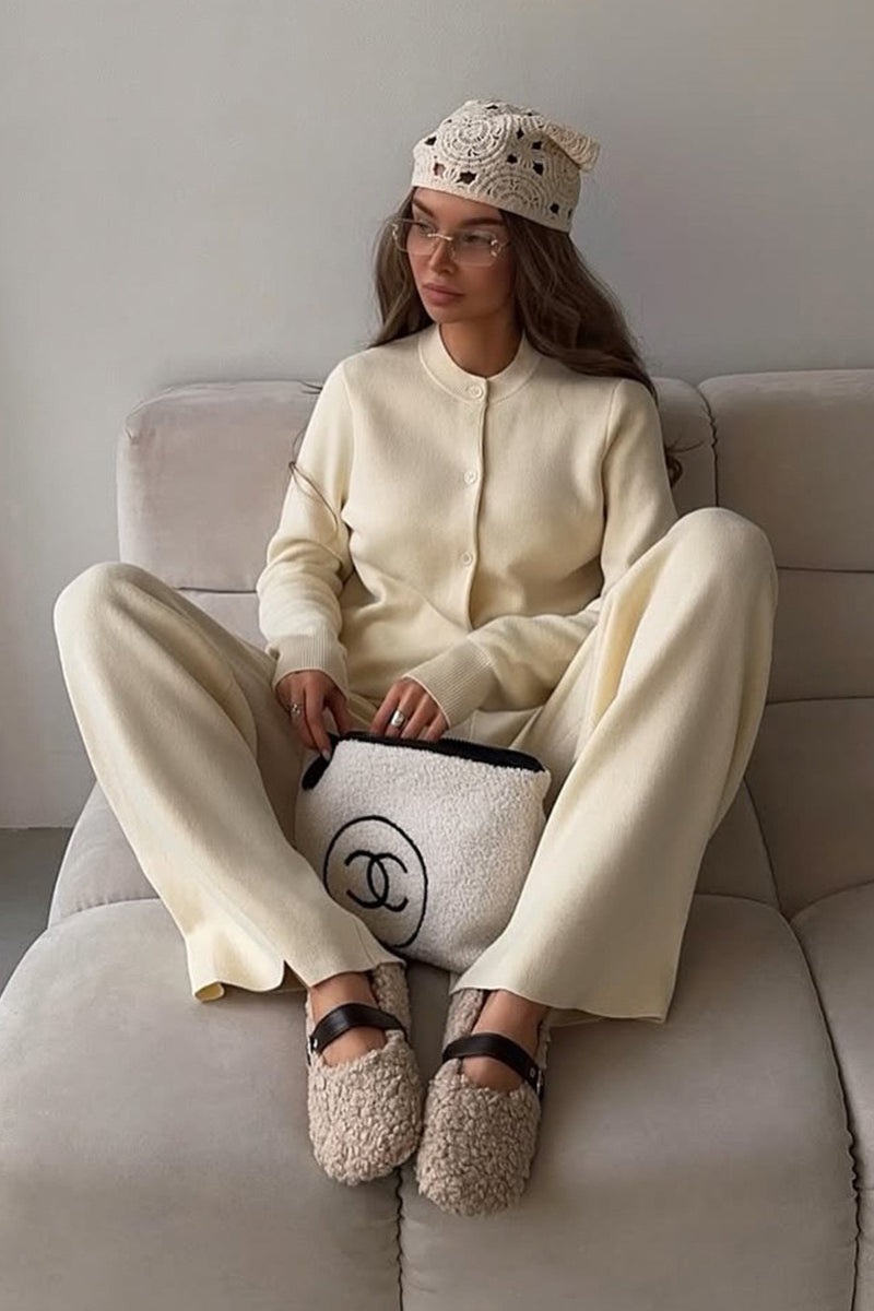 Solid Cardigan Wide Leg Pants Knit Set