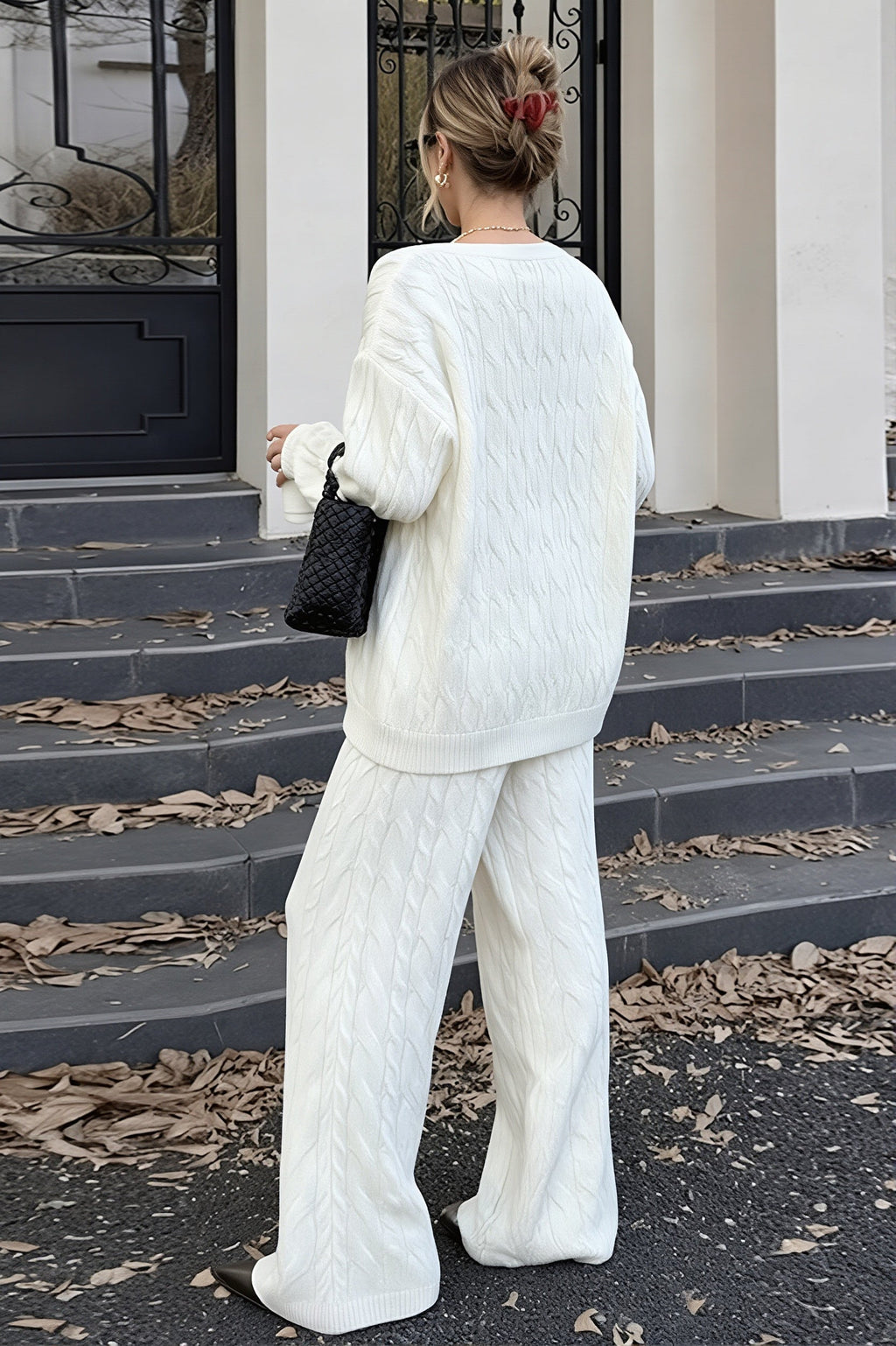 Solid Cable Knit V Neck Sweater Pants Set