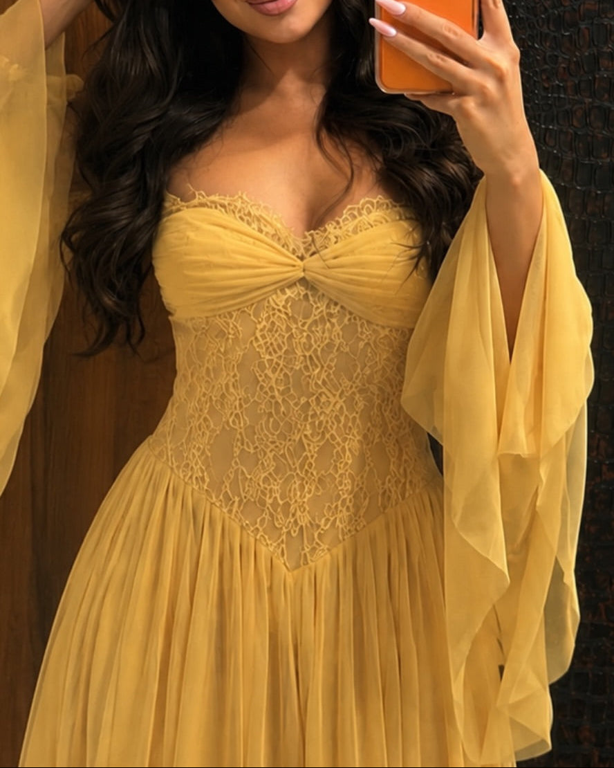 Corset Bodice Chiffon Cape Sleeve Maxi Dress