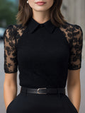 Lace Short Sleeve Blouse With Pointed Collar