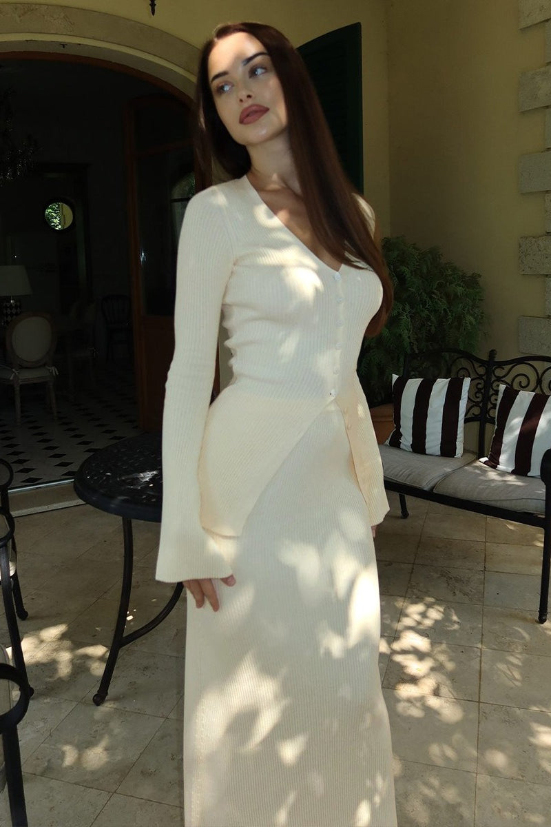 Ribbed V Neck Cardigan Maxi Skirt Set