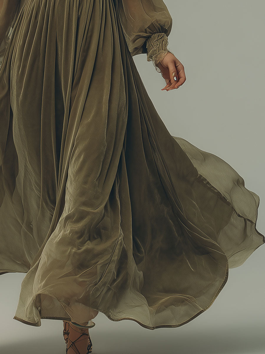 Retro Lantern Sleeve Embroidered Chiffon Maxi Dress