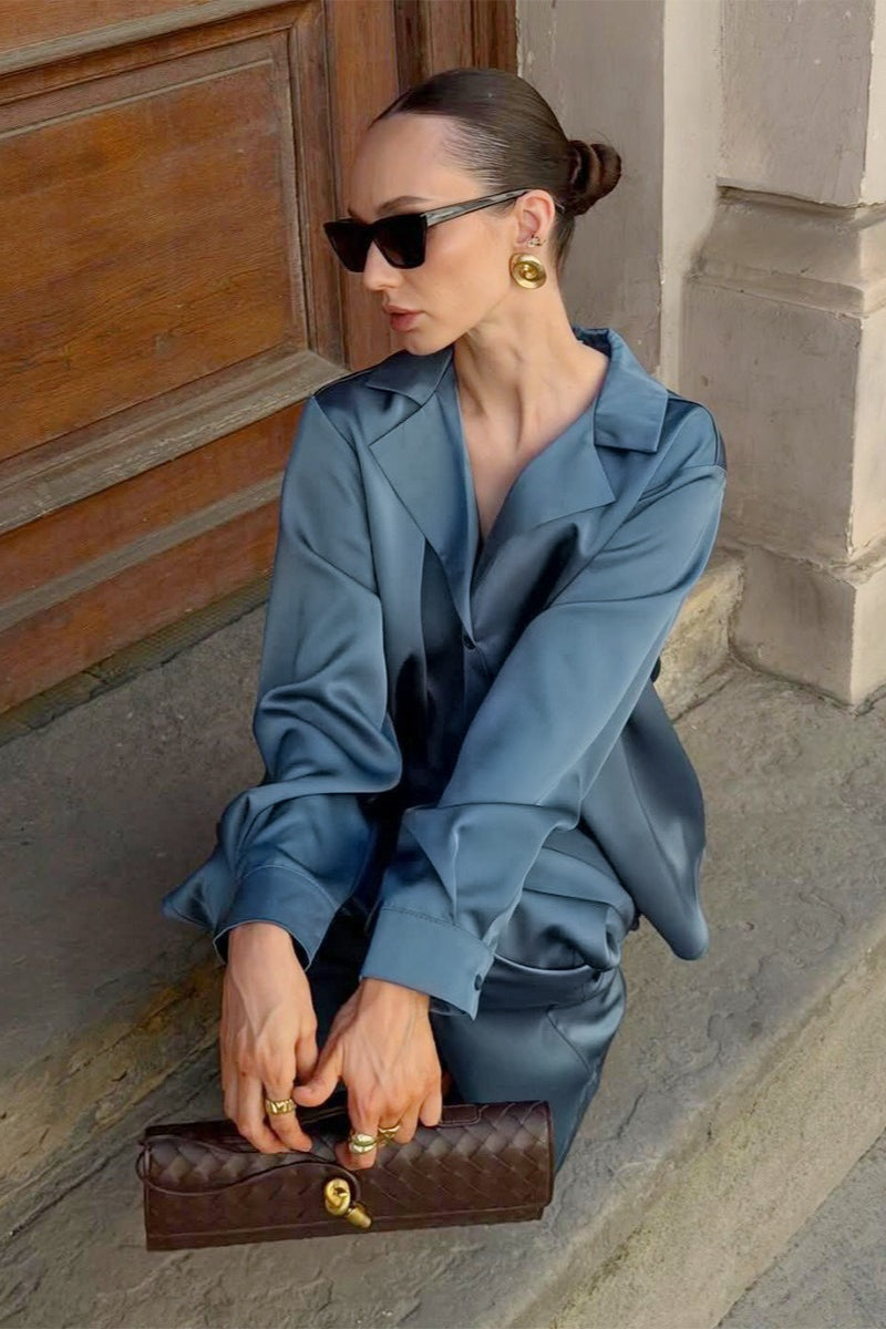 Satin Shirt Wide Leg Pants Lounge Set