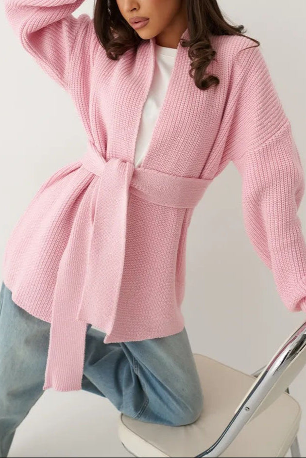 Relaxed Cozy Tie Waist Knit Cardigan