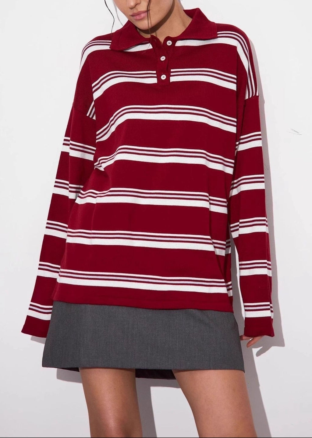 Relaxed Collared Striped Long Sleeve Blouse