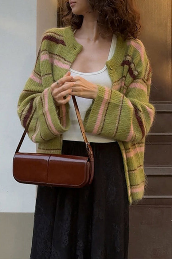 Striped Color Block Knit Loose Cardigan