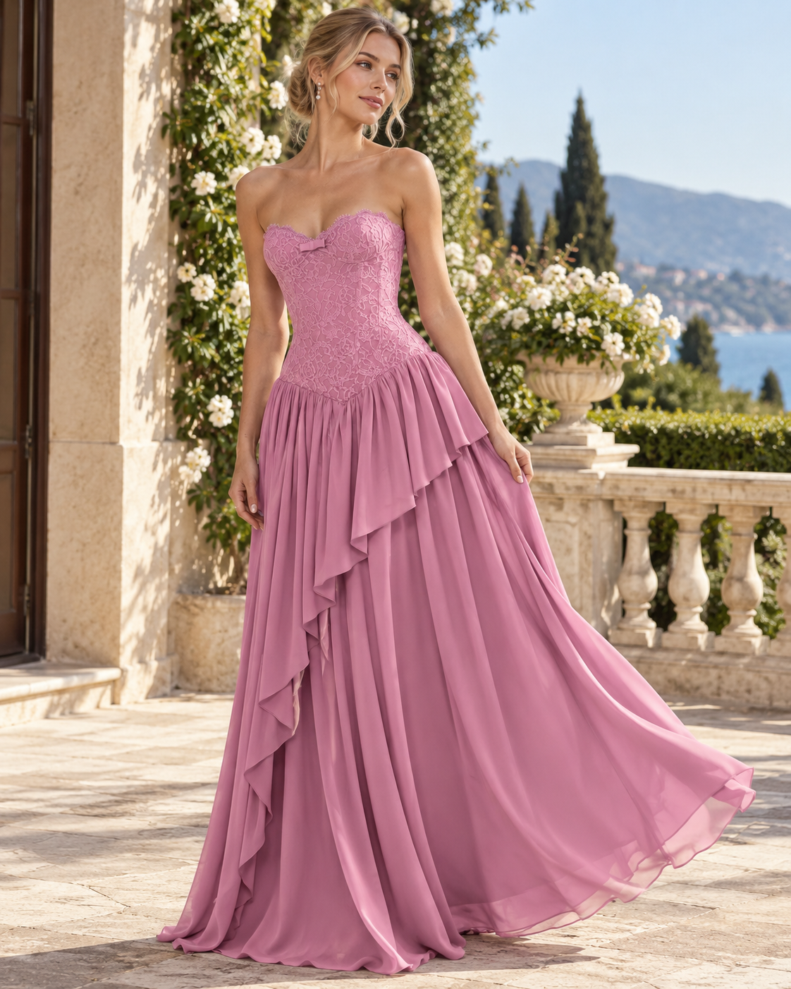Pink Lace Corset High-Low Maxi Dress