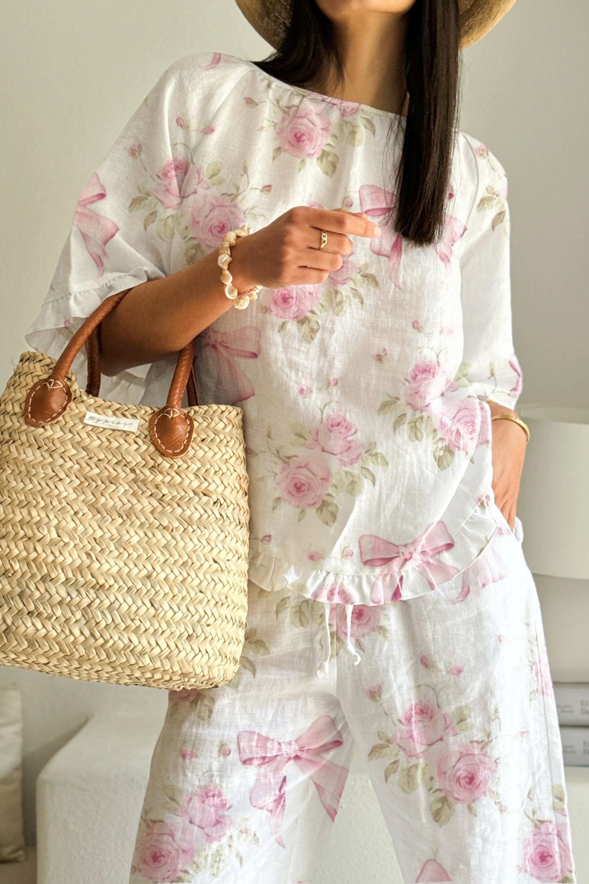 Women's Ruffled Rose Bow Printed Pajama Set