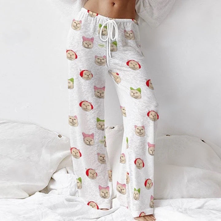 Women's Long Cat Print Sleeve Cotton Homewear Set