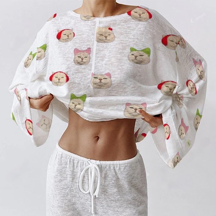 Women's Long Cat Print Sleeve Cotton Homewear Set