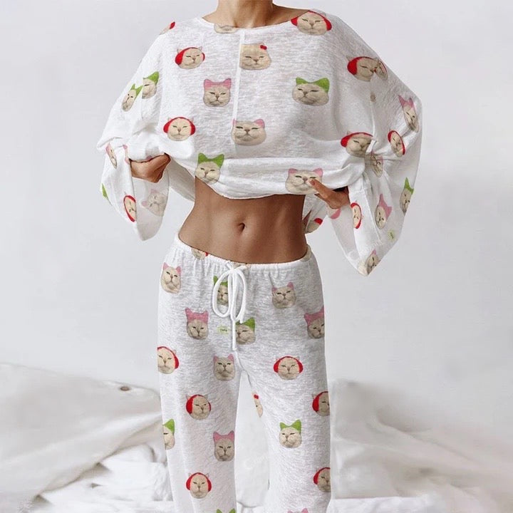 Women's Long Cat Print Sleeve Cotton Homewear Set