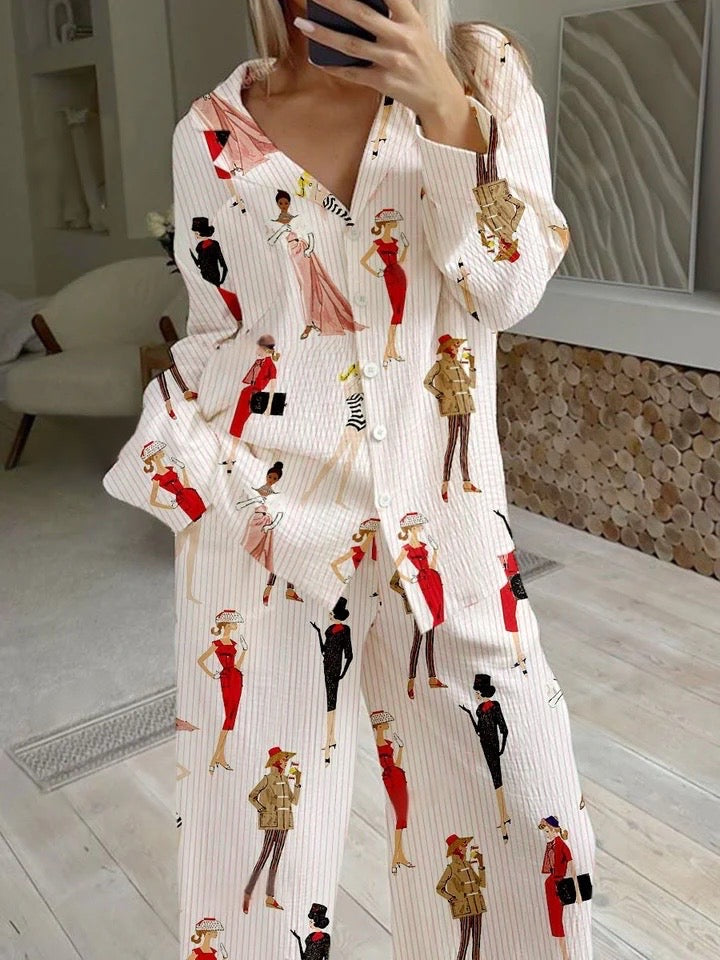 Women's Miss Santa Striped Print Cotton Cardigan Homewear Set