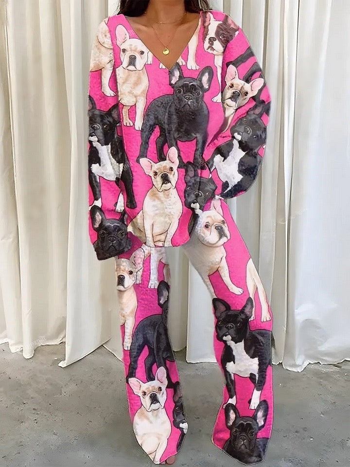 Women's Pink Bulldog Print Fleece Suit