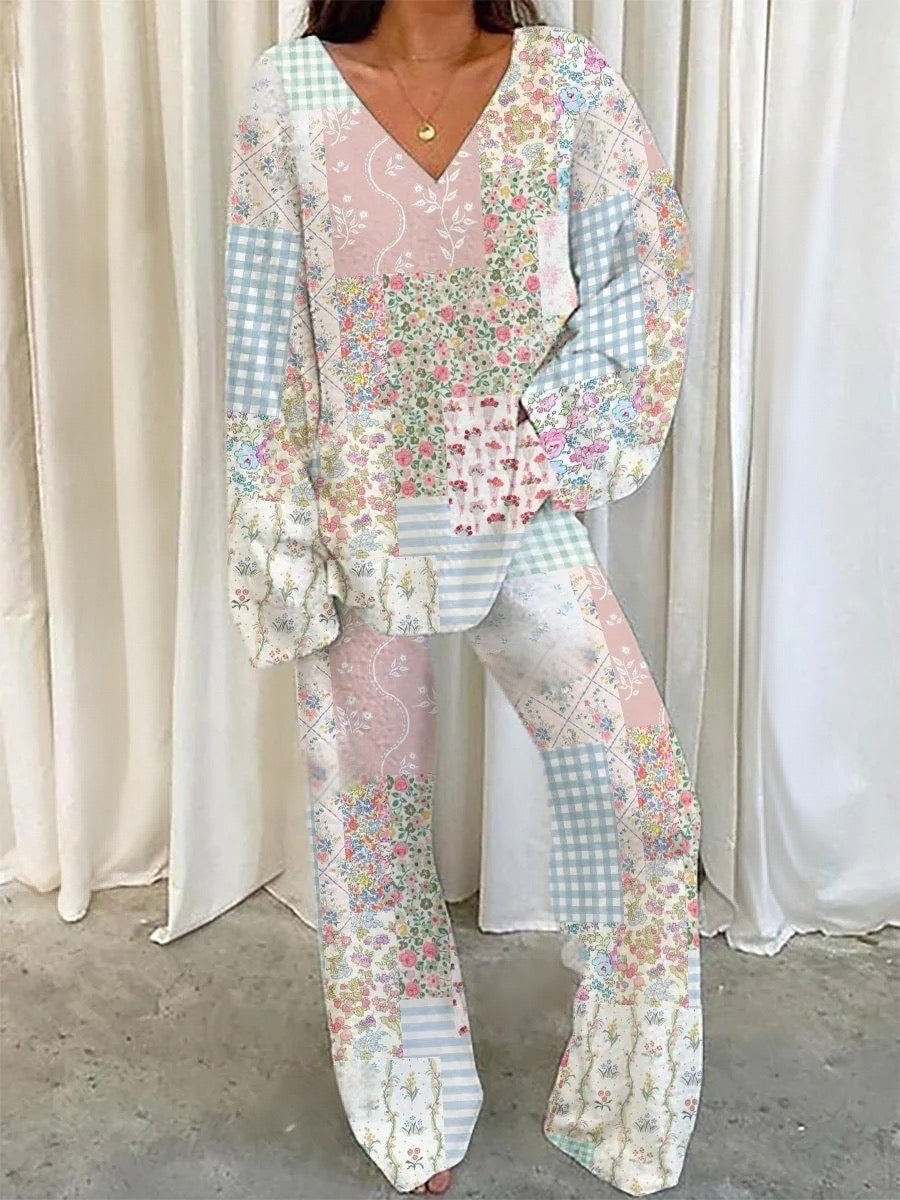 Floral Patchwork Loungewear Set For Women