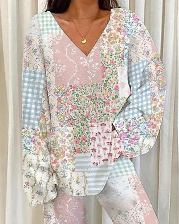 Floral Patchwork Loungewear Set For Women