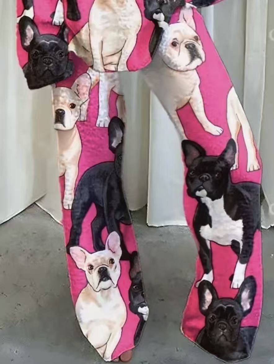 Women's Pink Bulldog Print Fleece Suit