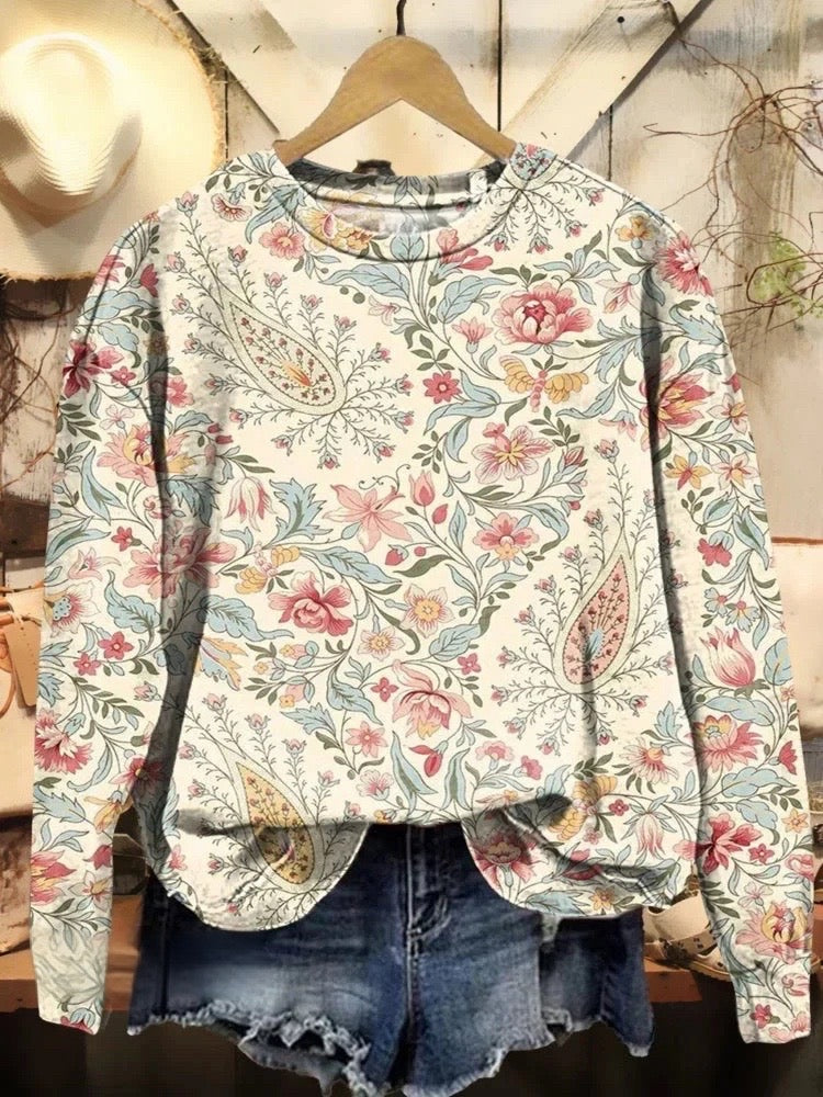 Women's Vintage Paisley Floral Art Print Casual Cotton And Linen Ruffle Shirt