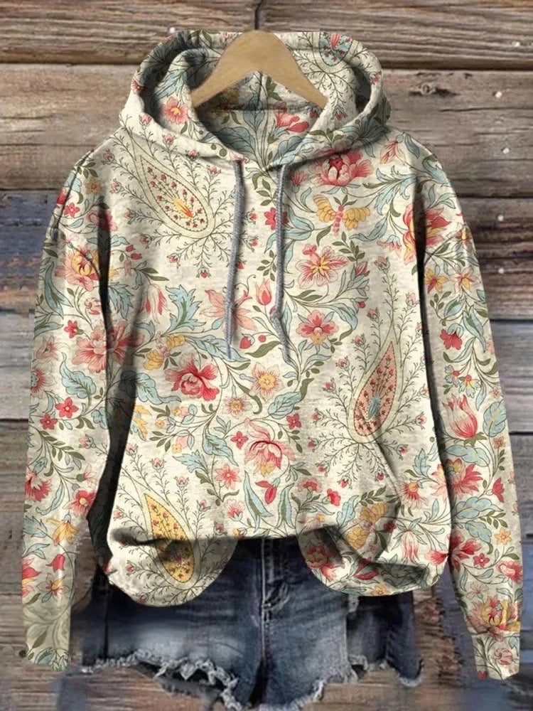 Women's Vintage Paisley Floral Art Print Casual Cotton And Linen Ruffle Shirt