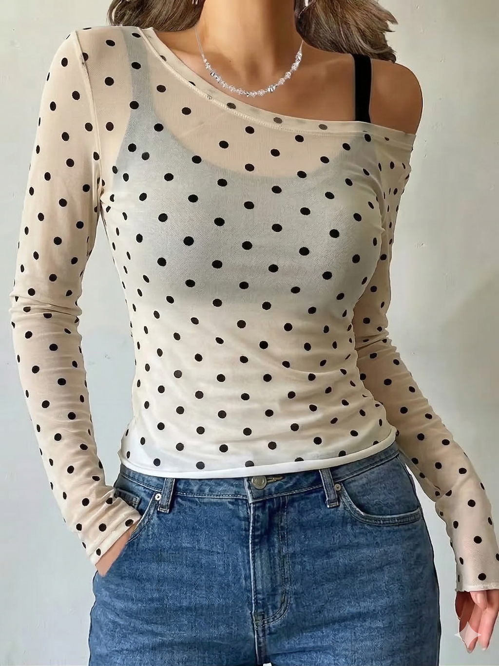 Polka Dot Cold Shoulder Long Sleeve Top
