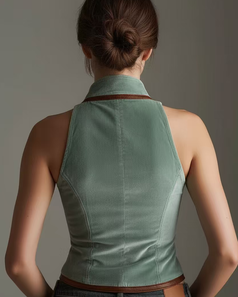 Sage Velvet And Contrast Leather Trim Slim Fit Vest