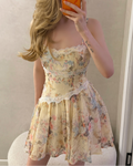 Butter Yellow Floral Corset Lace Trim Mini Dress
