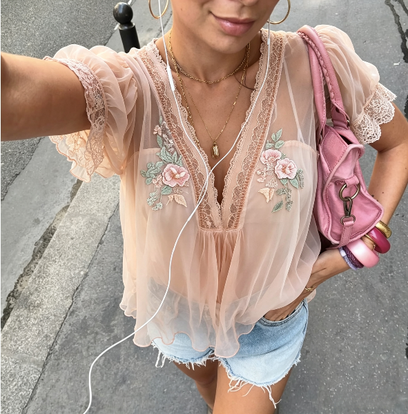Floral Embroidered Lace Trim Sheer Chiffon Blouse