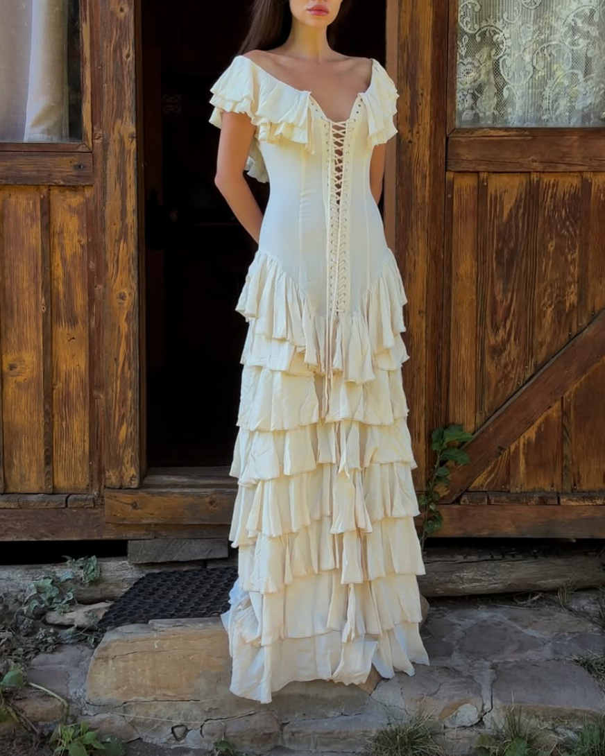 Cream Layered Ruffle A-Line Midi Dress