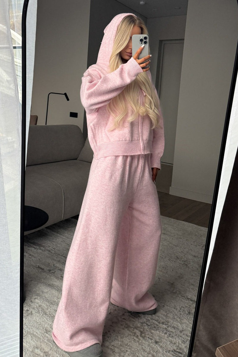 Hooded Zip Knit Top Wide Leg Pants Set