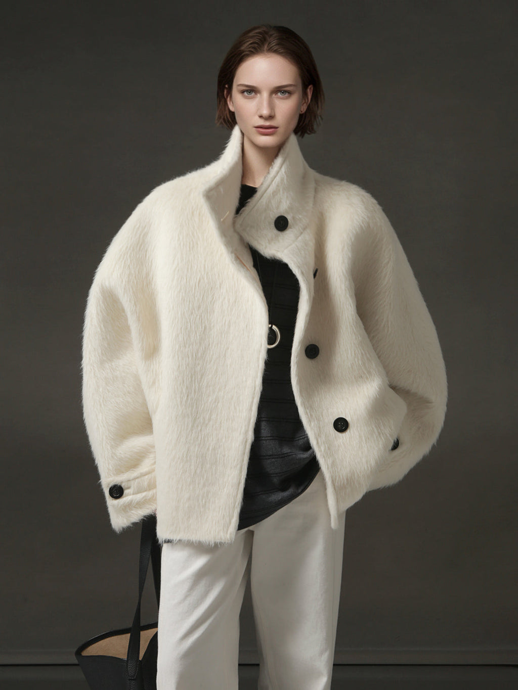 Alpaca Wool Biker Jacket for Women – Stand Collar Suoli Alpaca Coat with Luxe Textured Finish, Winter Chic Outerwear